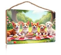 Wall Hanging Wood Sign Five Puppies Enjoying A Picnic in The Park Dorm Room Accessories Kitchen Decorations Wall(20X30CM)