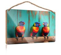 Wall Hanging Wood Sign Three Colorful Parrots Perched On A Wooden Branch Dorm Room Accessories Kitchen Decorations Wall(15X28CM)