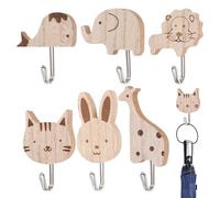 Wall Hook - Gold Towel Hook | Animal Key Holder | with Self-Adhesive Backing, Wood & Metal Build, Cartoon Design, 6-Pack Set, for Bathroom, Kitchen, Bedroom, Or Nursery Organization