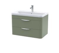 Wall Hung 2 Drawer Vanity Unit with Ceramic Basin - 800mm - Satin Green