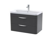 Wall Hung 2 Drawer Vanity Unit with Ceramic Basin - 800mm - Soft Black