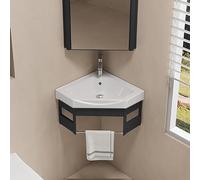 Wall Hung Ceramic Bathroom Sink, Corner Cloakroom Basin with Storage Container, Triangular Wash Basin for Toilets and Vanity Cabinet
