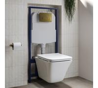 Wall Hung Rimless Toilet with Soft Close Seat and Brushed Brass Pneumatic Flush Plate 1168mm Frame & Cistern Boston