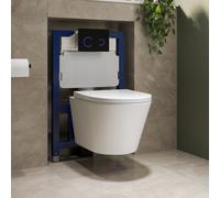 Wall Hung Rimless Toilet with Soft Close Seat Black Glass Sensor Flush Plate 820mm Frame & Cistern Newport