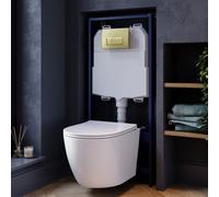 Wall Hung Rimless Toilet with Soft Close Seat Brushed Brass Pneumatic Flush Plate 1168mm Frame & Cistern Roma