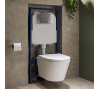 Wall Hung Rimless Toilet with Soft Close Seat Chrome Mechanical Flush Plate 1168mm Frame & Cistern Newport