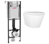 Wall Hung Rimless Toilet with Soft Close Seat Chrome Mechanical Flush Plate 1177mm Wirquin Frame & Cistern Newport