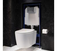 Wall Hung Rimless Toilet with Soft Close Seat Chrome Pneumatic Flush Plate 1168mm Frame & Cistern Alcor