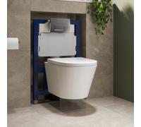 Wall Hung Rimless Toilet with Soft Close Seat Chrome Pneumatic Flush Plate 820mm Frame & Cistern Newport