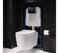 Wall Hung Rimless Toilet with Soft Close Seat Matt Black Pneumatic Flush Plate 1168mm Frame & Cistern Alcor