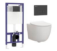 Wall Hung Toilet Pan Dual Concealed Cistern Frame Soft Close Seat & Black Flush Plate Abacus Rimless Toilet