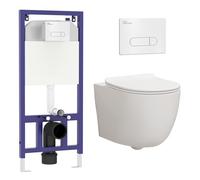 Wall Hung Toilet Pan Dual Concealed Cistern Frame Soft Close Seat & Chrome Flush Plate Abacus Rimless Toilet