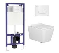 Wall Hung Toilet Pan Dual Concealed Cistern Frame Soft Close Seat & Chrome Flush Plate Square Rimless Toilet