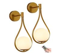 Wall Lamp Glass Globe Wall Sconces Battery Operated Set of 2,USB Rechargeable Wall Lights Wihout Wiring,Wireless Remote Wall Lamp Fixture Indoor Decor Gold Brass for Living Room Bedroom Bathroom ( Col
