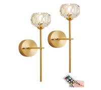 Wall Lamp Modern Gold Crystal Wall Sconces Battery Operated Set Of 2,Non Hardwired Remote Wall Lights,USB Rechargeable Wall Lighting Fixture Clear Glass Wall Lamp For Bedroom Bedside Bathroom Vanity L