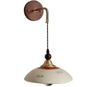 Wall Lamp Nordic Vintage Farmhouse Wall Sconce, Modern Brass Gooseneck Light with Wooden Base, Cream Metal Shade Featuring Green Leaf Pattern, Adjustable Hanging Cord for Bedroom