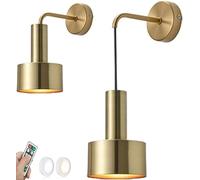 Wall Light Battery Operated Sconce Set of 2 Gold Remote Wall Sconces for Wireless Battery Powered Wall Hanging Lamp Black Mid Century Modern Cordless Bedroom Bedside Chandelier Indoor White Warm as