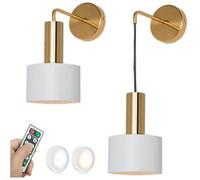 Wall Light Battery Operated Sconce Set of 2 Gold Remote Wall Sconces for Wireless Battery Powered Wall Hanging Lamp Black Mid Century Modern Cordless Bedroom Bedside Chandelier Indoor White Warm as