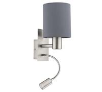 Satin Nickel Wall Light With Grey Fabric Shade And E27 Led Bulb