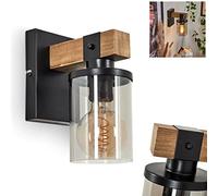 Wall Light Roxa, Wall Light Made of Metal/Wood/Glass in Black/Nature/Smoke Colour, Light with lampshade Made of Real Glass in Retro/Vintage Design, 1 x E27, Without Bulb