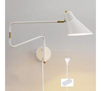 Wall Light, Wall Lamp, Swing Arm with Plug in Cord, Long Arm Metal Reading for Bedroom Living Room Kitchen Cupboard Entryway Study Office,White