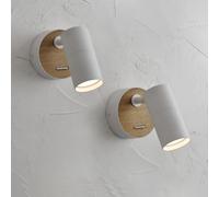 Wall Light with Switch White, 2 x Wooden Wall Sconces Vintage Aluminium Adjustable Lampshade, Industrial Wall Light for Indoor Compact Bedrooms, Hallways, Office, Living Room, Gu10