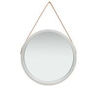 Wall Mirror 60cm Round Silver Brown Faux Leather Strap Paulownia WoodFrame Decor