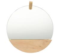 Wall Mirror Round Pinewood 35cm with Glass Shelf & Storage Compartment - Natural