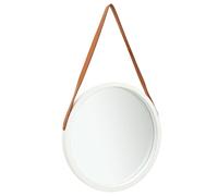 Wall Mirror White & Brown 50cm Round Paulownia Wood Frame Faux Leather Strap Eco