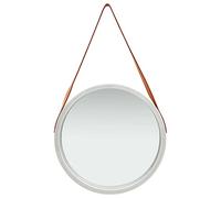 Wall Mirror with Belt 50cm Round Silver Paulownia Wood Frame Faux Leather Hanging Decorative Hanging Mirror for Bedroom Hallway Bathroom Flexible Wall Mounted