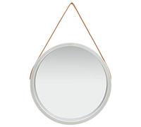 Wall Mirror with Belt 60 cm Round Silver Paulownia Wooden Frame Faux Leather Hanging Vintage Design for Bedroom Living Room Hallway Flexible Wall Mounted Decorative Wall Decor