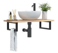 Wall Mount Basin Shelf Solid Acacia Top 60x40x2cm Black Steel HeavyDuty Brackets