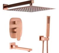 Wall Mount Brushed Rose Gold Bathroom Brass 10-12 Rainfall Faucet System Mixer with Handheld and Tub Taps, Luxury Shower Set,10 inch