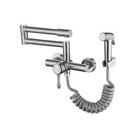 Wall Mount Faucet,Brushed,Foldable in-Wall Double-Hole Hot and Cold Sprayer,Kitchen Faucets with Swivel Spout,Single Handle Kitchen Sink Faucet