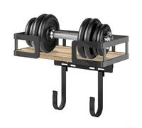 Wall Mount Ironing Board Holder with Strong Adjustable Hooks, Iron Frame with Natural Wood Elements, Designed for Secure Storage and Clutter Reduction (black)