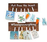 Wall Mount Kids Art Display Rack w/ 12 Clips - Set of 2 - Display Your Best Memories: Photo Collage Frame, Art Projects, Love Letters & More - Real Fir Wood w/Thoughtful Quotes Art Organizer - Brown