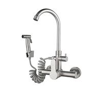 Wall Mount Kitchen Faucet Stainless Steel Swivel Dual Hole Sink Tap with Bidet Sprayer Shower Head Cold Hot Water Mixer Faucets