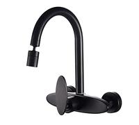 Wall Mount Kitchen Faucets Brass Double Hole Hot and Cold Water 2 Modes 360 ° Rotation Laundry Pool Faucet-Black(Nero)