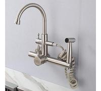 Wall Mount Kitchen faucets, Multi-FunctPull-Out Spray, 304 Stainless Steel, Wall-Mounted, hot and Cold Water Faucet, Sink Sink Sink Laundry Pool-Seven-Word Tube Double Water (Color : Seven-ch
