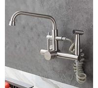 wall mount kitchen faucets, spray gun shower, 304 stainless steel brushed, balcony sink laundry pool, double-hole, in-wall,hot water faucet-Seven-shaped tube double water swinging mouth
