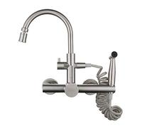 wall mount kitchen faucets, spray gun shower, 304 stainless steel brushed, balcony sink laundry pool, double-hole, in-wall,hot water faucet-Large curved tube double water swinging mouth