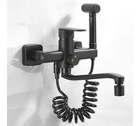 Wall Mount Kitchen Sink Taps Black, Double Hole Hot and Cold Faucet with Spray Gun 180 Degrees Rotatable Brass Kitchen Mixer Tap-A-The Length Of The Outlet Pipe Is 20Cm
