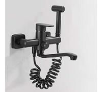 Wall Mount Kitchen Sink Taps Black, Double Hole Hot and Cold Faucet with Spray Gun 180 Degrees Rotatable Brass Kitchen Mixer Tap-B-The Length Of The Outlet Pipe Is 30Cm