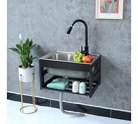 Wall Mount Kitchen Utility Sink with Pull-Down Sprayer, Stainless Steel Commercial Kitchen Sinks W/Faucet, Outdoor Single Bowl Sink Station,for Laundry/Backyard/Garage, 1 Compartment(A,48 * 35cm)