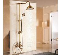 Wall Mount Outdoor 8" Rain Shower Faucet Set Antique Brass Dual Handles Swivel Tub Spout Bath Shower Mixers + Soap Dish