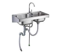 Wall Mount Sink,Commercial Catering Sink Free Standing,with Drainer Unit and Cold and Hot Water Pipe Faucet,Double Bowl Sinks,for Kitchen Bathroom Restaurant Farmhouse Laundry.