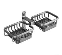 Wall Mount Soap Holder for Bathroom - Double Layer Drain Rack with Hooks, No Drill Grey Space Aluminum Storage Shelf, Open Ventilation Design Compat