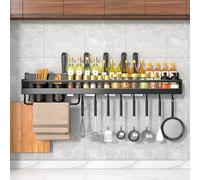 Wall Mount Spice Rack,No Drilling, Kitchen Wall Shelf,Hanging Storage Shelves, Kitchen Seasoning Organizer with 2 Utensil Holders 8 ,Hooks kitchen utensil rack, for Spice Jars and Seasoning Bottles