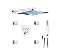 Wall Mount Thermostatic Brass Chrome LED Rain Head Combo System with 4 Pcs Body Jets and Handheld Bathroom Luxury Shower Set,12 Inch