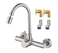 Wall Mount Unility Kitchen Sink Faucet Brushed 8 Inch Center Faucet with Gooseneck Swivel Spout Single Handle Kitchen Faucet Utility Laundry Restaurant Mixer Tap Stainless Steel Constructed Lead-Free